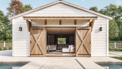 Modern barn with open doors revealing cozy interior space.