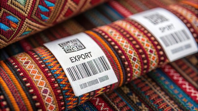 Colorful textile rolls with intricate patterns and export labels, showcasing vibrant designs for fashion or decor.