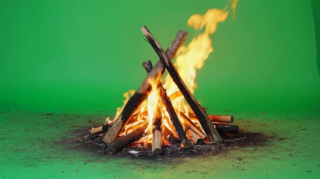 Burning bonfire on green screen background.