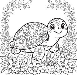 Black and white turtle vector and floral illustration of a mandala.
