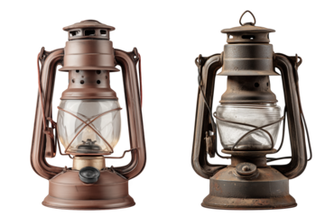Two Vintage Rusty Metal Lanterns With Glass Panels On Transparent Background