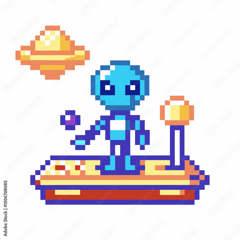 Poster blue pixel alien on hoverboard with ufo and game console elements, retro video game scene