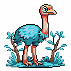 Pixel art ostrich vibrant nostalgic design with blue feathers and stylized details