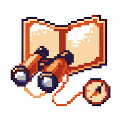 Obraz premium Vintage pixel binoculars and compass on open map, retro exploration adventure