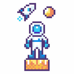 Obraz premium pixelated astronaut on a planet with spaceship and celestial body retro space game aesthetic, blue and orange