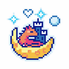 pixelated dragon and castle on crescent moon, retro 8 bit design with sparkling stars and hearts
