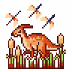 Fototapeta premium Pixelated dinosaur and dragonflies in a retro nature scene with cattails