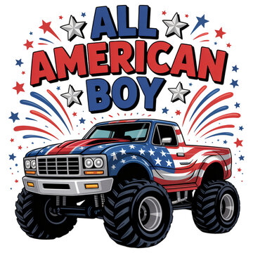 Patriotic Monster Truck with American Flag and Fireworks - All American Boy 4th of July Celebration Illustration