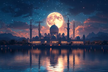 Fototapeta premium Mosque night scene, full moon, mountains, reflection, serenity