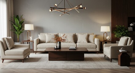 Living Room Interior Design with Sofa, Chairs, and Lighting