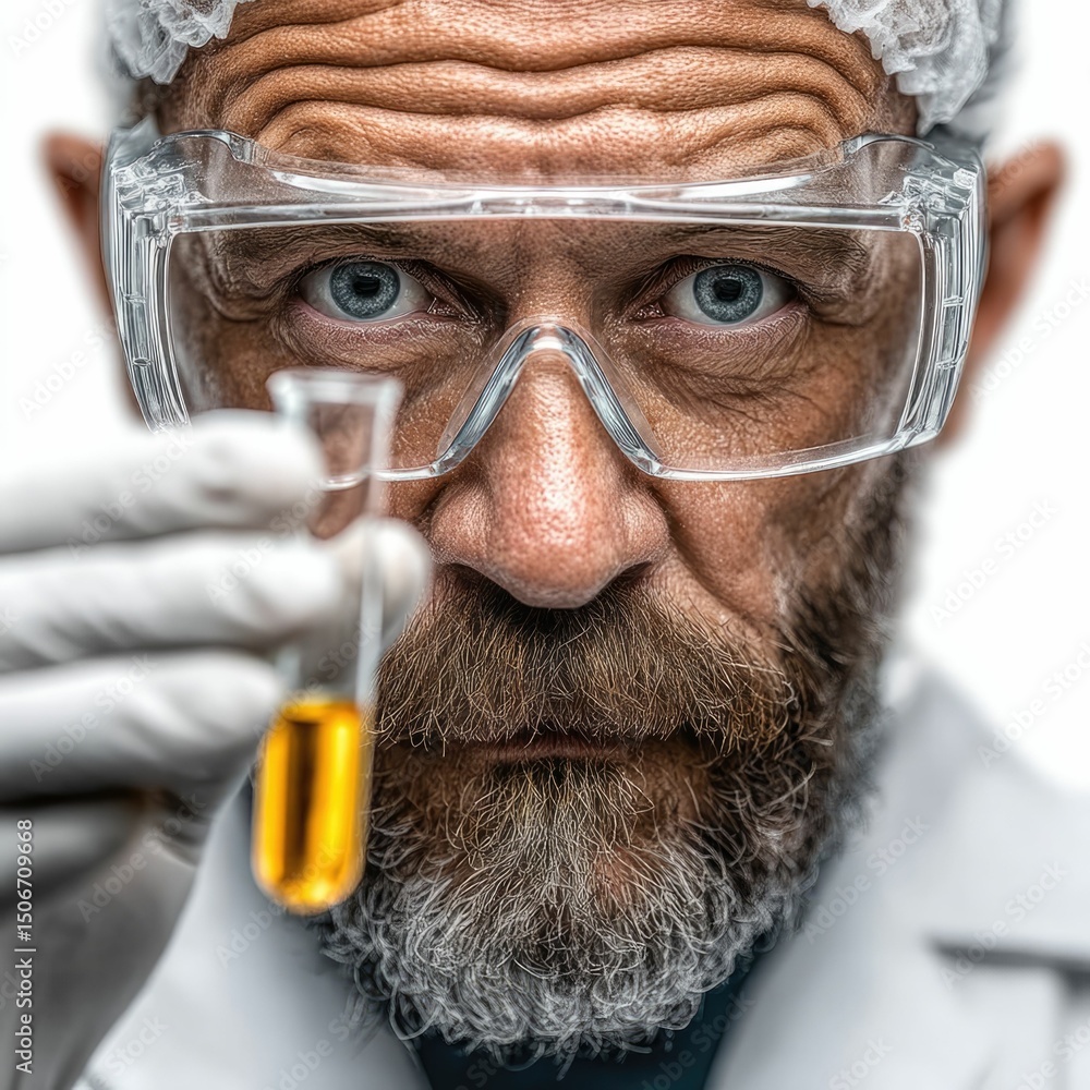 Poster close-up analysis of test tube contents by scientist in controlled lab environment