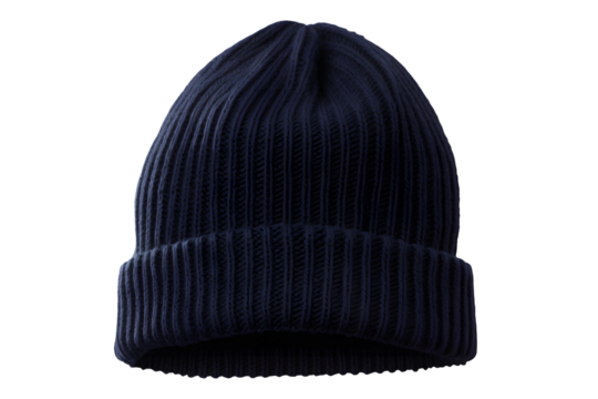 Warm navy blue ribbed beanie made from soft material, featuring a folded-over brim, ideal for keeping warm in chilly conditions, isolated on transparent background