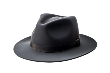 Modern charcoal grey felt hat with a teardrop crown and a flat brim, detailed with a simple brown band, a fashionable accessory for men and women, isolated on transparent background