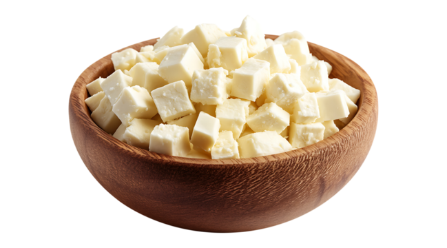 Heap of Cubed Tofu in Natural Wooden Bowl with Transparent Background