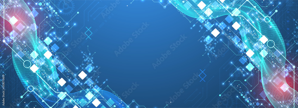 Poster Abstract data background with wireframe wave and circuit lines. Technology concept. Vector