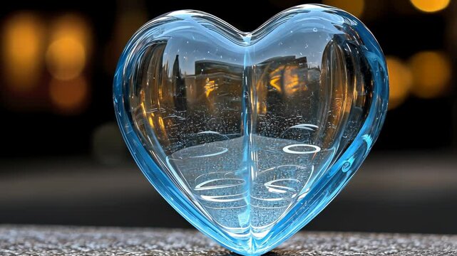 A translucent blue glass heart reflects a blurred city lightscape