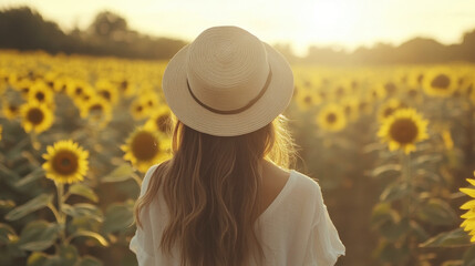 Woman with long blond hair and sun hat walking through a sunflower field at sunset