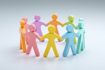 Colorful Wooden Figures Holding Hands in Circle on White Background