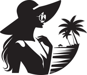 Elegant Woman in Summer Hat at Tropical Beach – Vector Silhouette Art