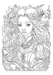 Fairytale beautiful undine underwater in a suit. Fish swim around. Coloring page for children and adults. Art therapy. Black and white illustration for coloring.