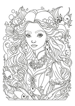 Fairytale beautiful undine underwater in a suit. Fish swim around. Coloring page for children and adults. Art therapy. Black and white illustration for coloring.