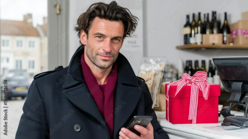 Poster man in a black coat is smiling and holding a cell phone. he is standing in front of a red box