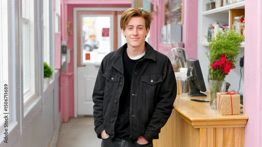 Poster man in a black jacket stands in front of a pink wall. he is smiling and looking at the camera