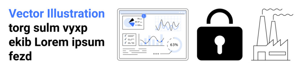 Analytical dashboard with charts, black padlock symbol for security, and factory outline. Ideal for data protection, technology, IoT, cybersecurity, analytics, industry simple landing page