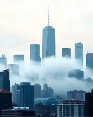 Fototapeta premium Modern city skyline with high-rise buildings partially covered by low fog clouds, creating a dramatic urban view with contrast between architecture and atmosphere