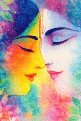 Radha and Krishna side profile close-up, cheeks almost touching, eyes closed, colorful aurora galaxy sky fading behind them watercolor dreamy textures and soft floral strokes 
