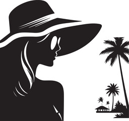 Elegant Woman in Summer Hat at Tropical Beach – Vector Silhouette Art