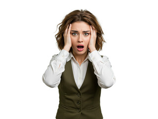 White woman holding face in shock with wide open eyes and stressed posture, isolated on white background