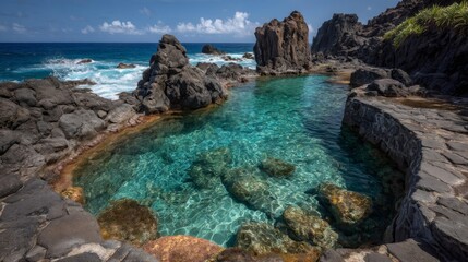 Vibrant Turquoise Ocean Pool Surrounded by Dark Volcanic Rocks