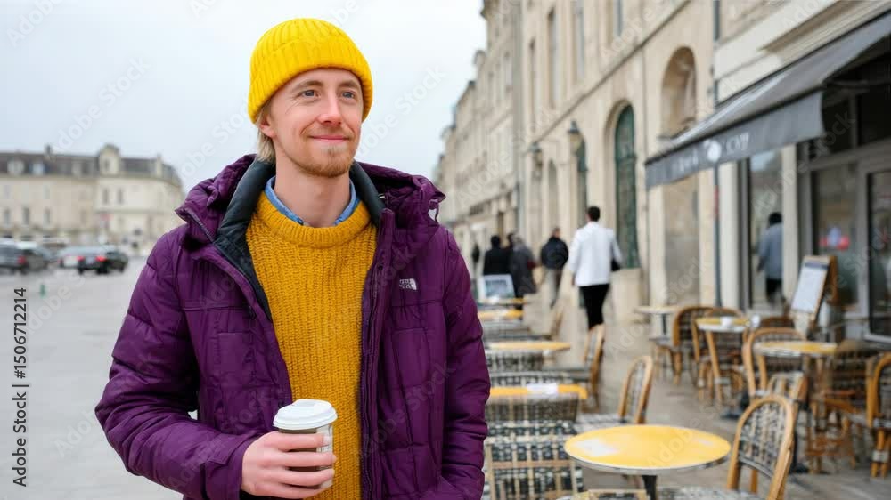 Poster man in a yellow hat and a purple jacket is holding a coffee cup. he is standing in front of a row of
