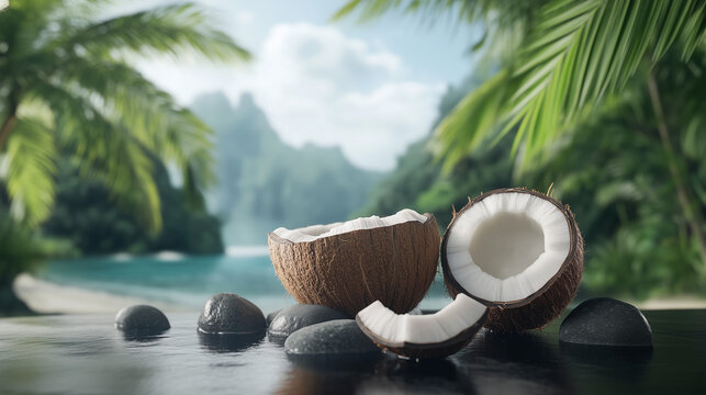 Coconut halves resting on smooth stones by the tranquil water in a tropical paradise with lush greenery