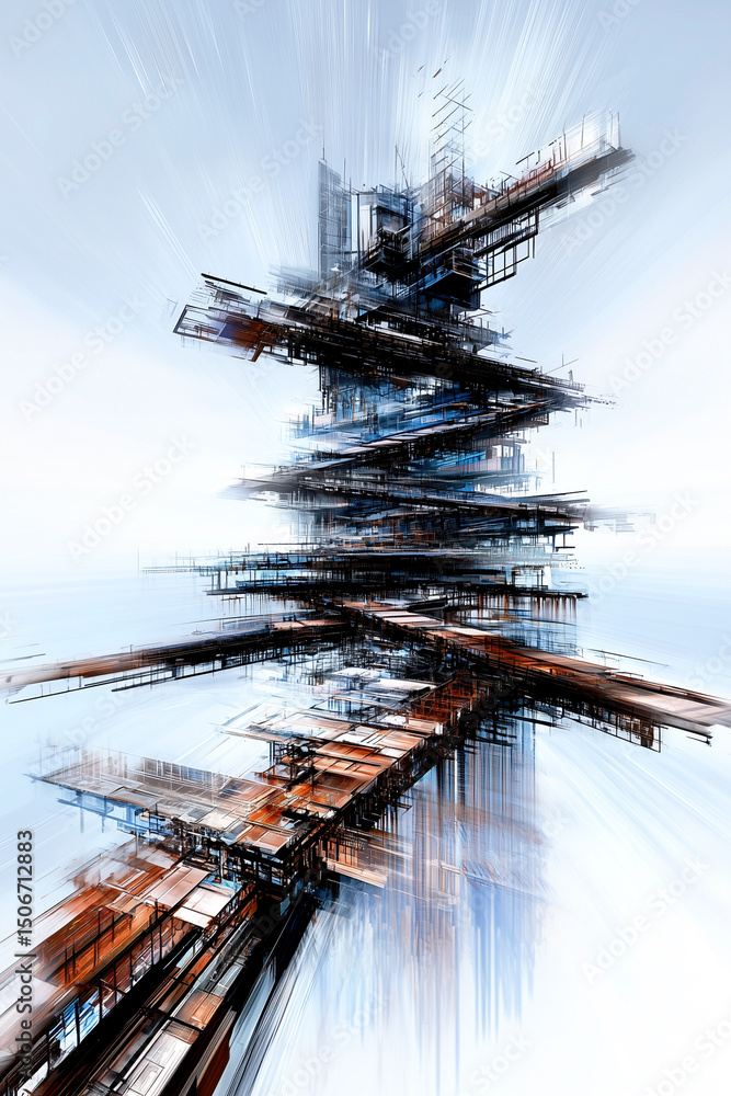 Poster abstract futuristic architectural design with complex, deconstructed forms and dynamic lines