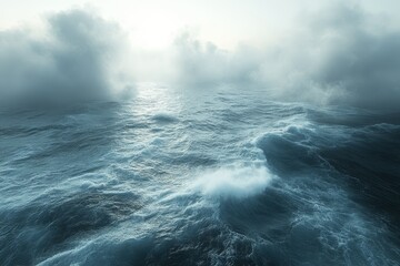 Fototapeta premium Stormy ocean waves, cloudy sky, background sun