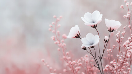 Delicate white flowers bloom among soft pink foliage in a serene setting during springtime