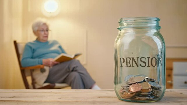 A pension jar with coins sits on a table, a blurred senior woman reading in the background. - Powered by Adobe