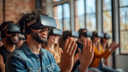 A group of people are wearing virtual reality headsets and are smiling