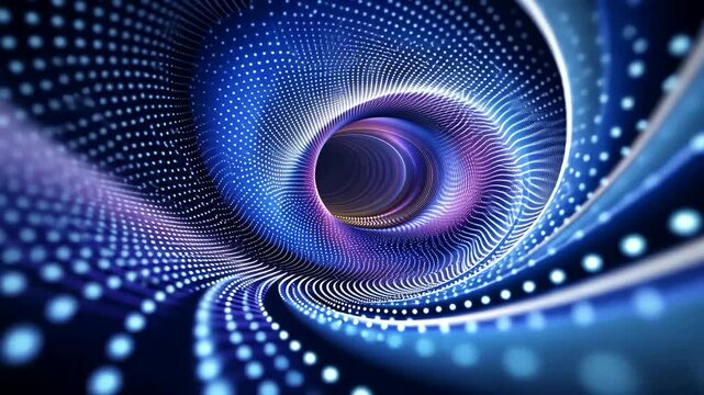 Abstract tunnel with swirling blue and purple lights, creating depth and movement into a central, dark vortex