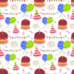 Colorful Birthday-Themed Seamless Pattern with Cakes, Balloons, and Party Elements