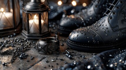 Black Leather Boots and Silver Jewelry Still Life