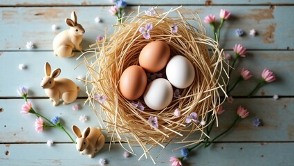Rustic Easter Flat Lay with Natural Eggs, Wooden Bunnies, and Wildflowers on Wooden Table

