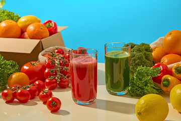 Two colorful glasses of fresh juice sit on a white kitchen counter, surrounded by kale, lemon, tomatoes, and vibrant watermelon slices. Photo of juice, nutritional drink in the morning