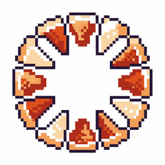 Pixel art pizza slices arranged in circular pattern, digital design, retro gaming inspiration