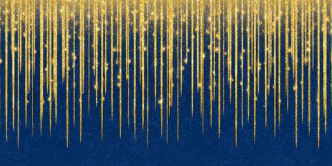Fototapeta premium A digital art background design of golden glitter hanging from the top, on blue background. The glitter is in vertical rows and has sparkles that give it an elegant appearance