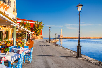 Chania, Crete - Greece. Beautiful Greek Islands, sunrise over Venetian Harbor.