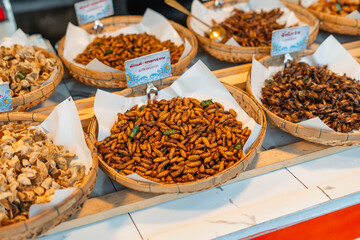 Fried Insects,Fried silkworms and other insect varieties are attractively arranged in woven baskets or various containers