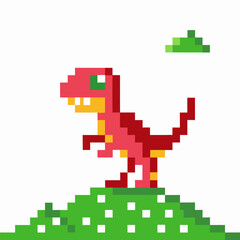 pixel art dinosaur adventure retro gaming, colorful dino on green hill, pixelated style, digital nostalgia